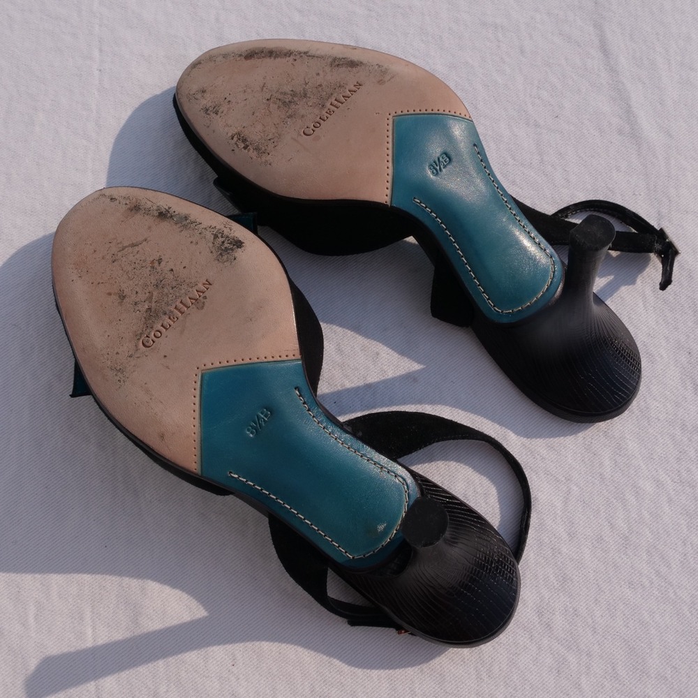 Vintage 90s Cole Haan black suede peep toe heels - Picture 5 of 8